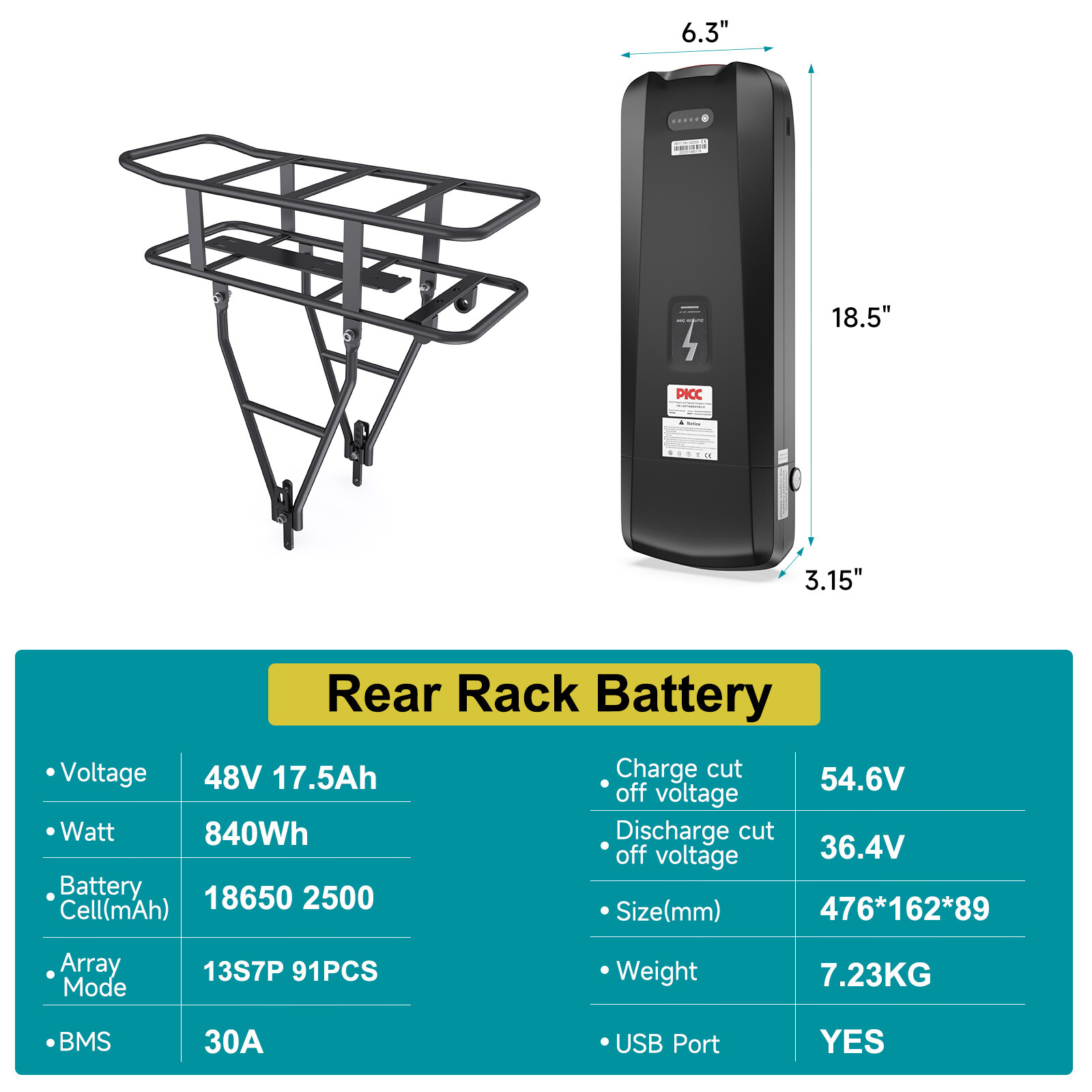 52V 48V 36V 17.5Ah 20Ah Electric Bicycle Ebike Lithium Battery BMS Rechargeable