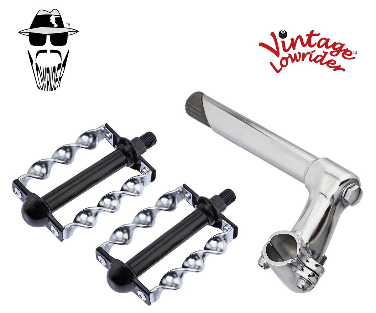 Vtg Stem 2-Screw 21.1 Chrome & Pedals Flat Twisted 1/2″ Black/Chrome Twist