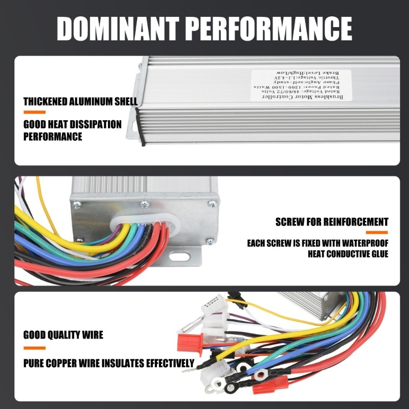 48V-72V Electric Bike Brushless Motor Controller 1200W-1500W 3 Gear Speed Design
