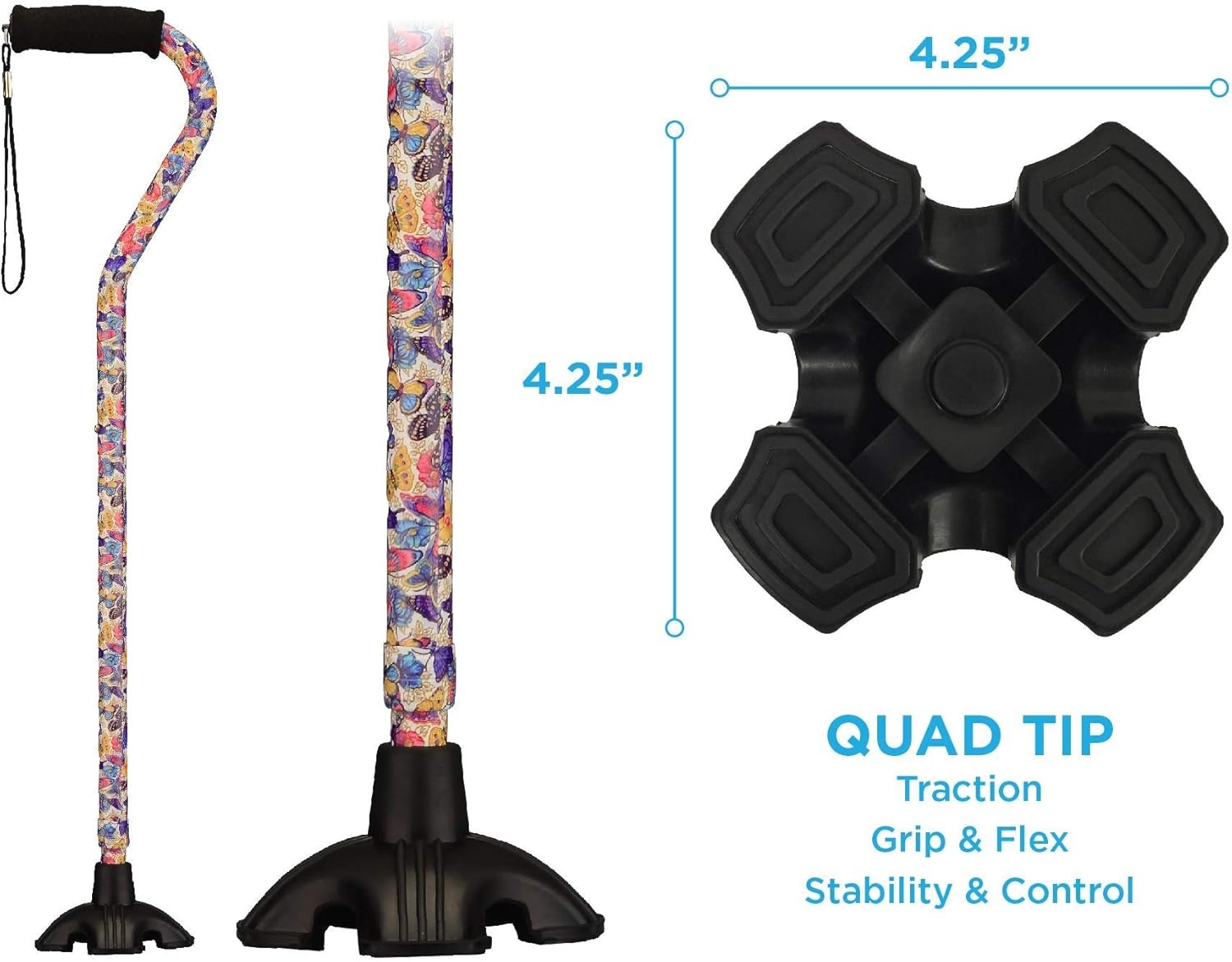 NOVA Walking Quad Cane for Men and 1 Count (Pack of 1), Butterfly Symphony