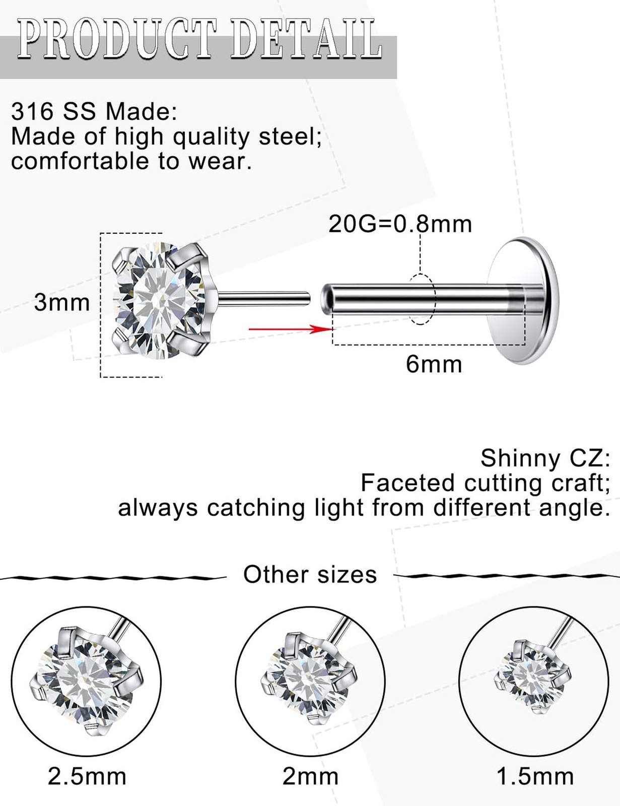 16G 18G 20G Threadless Flat Back Nose Ring Studs Earrings 316L Stainless Surg…