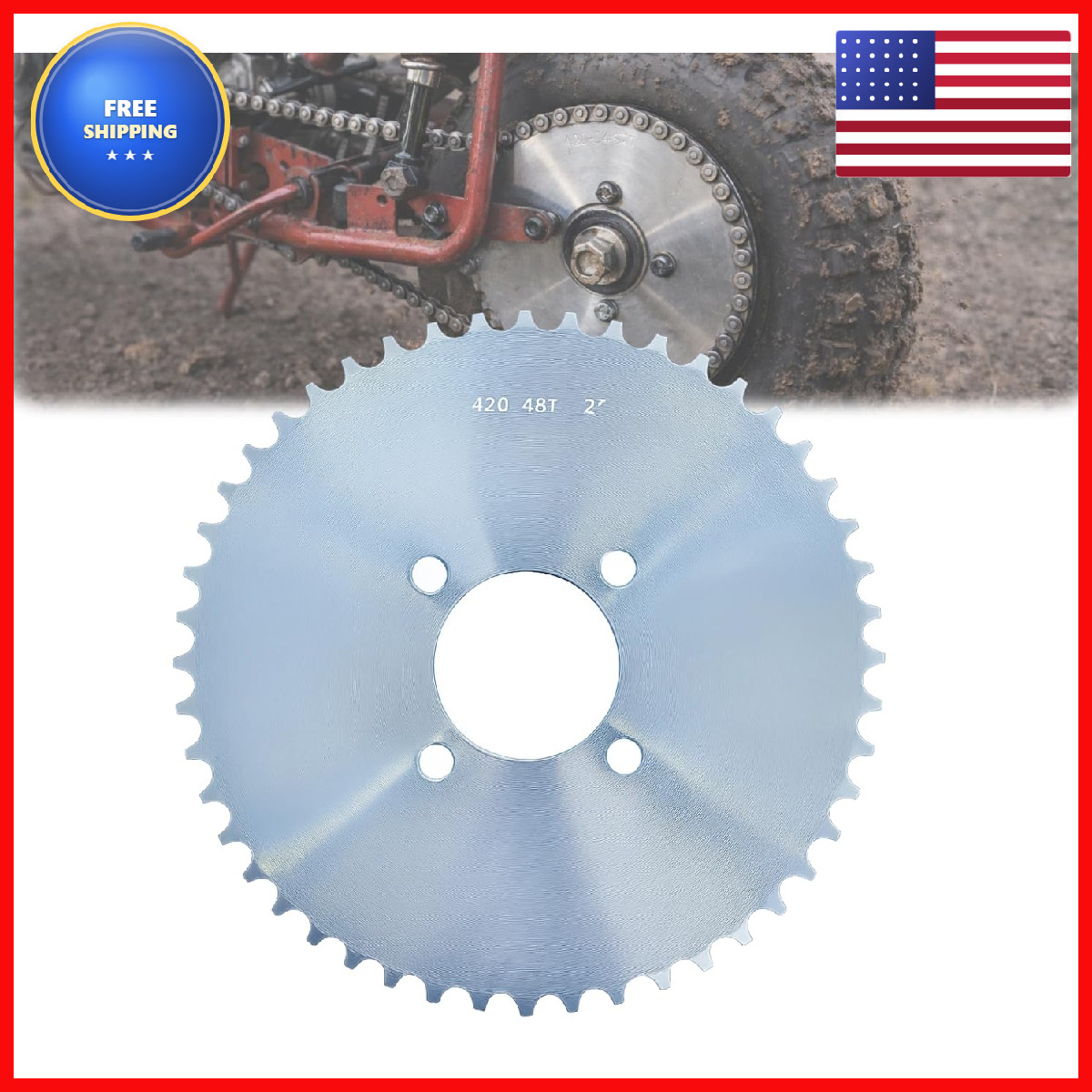 Gekufa 48 Tooth Go Kart Sprocket For 40/41/420 Chain 2 Bore Heavy Duty Steel