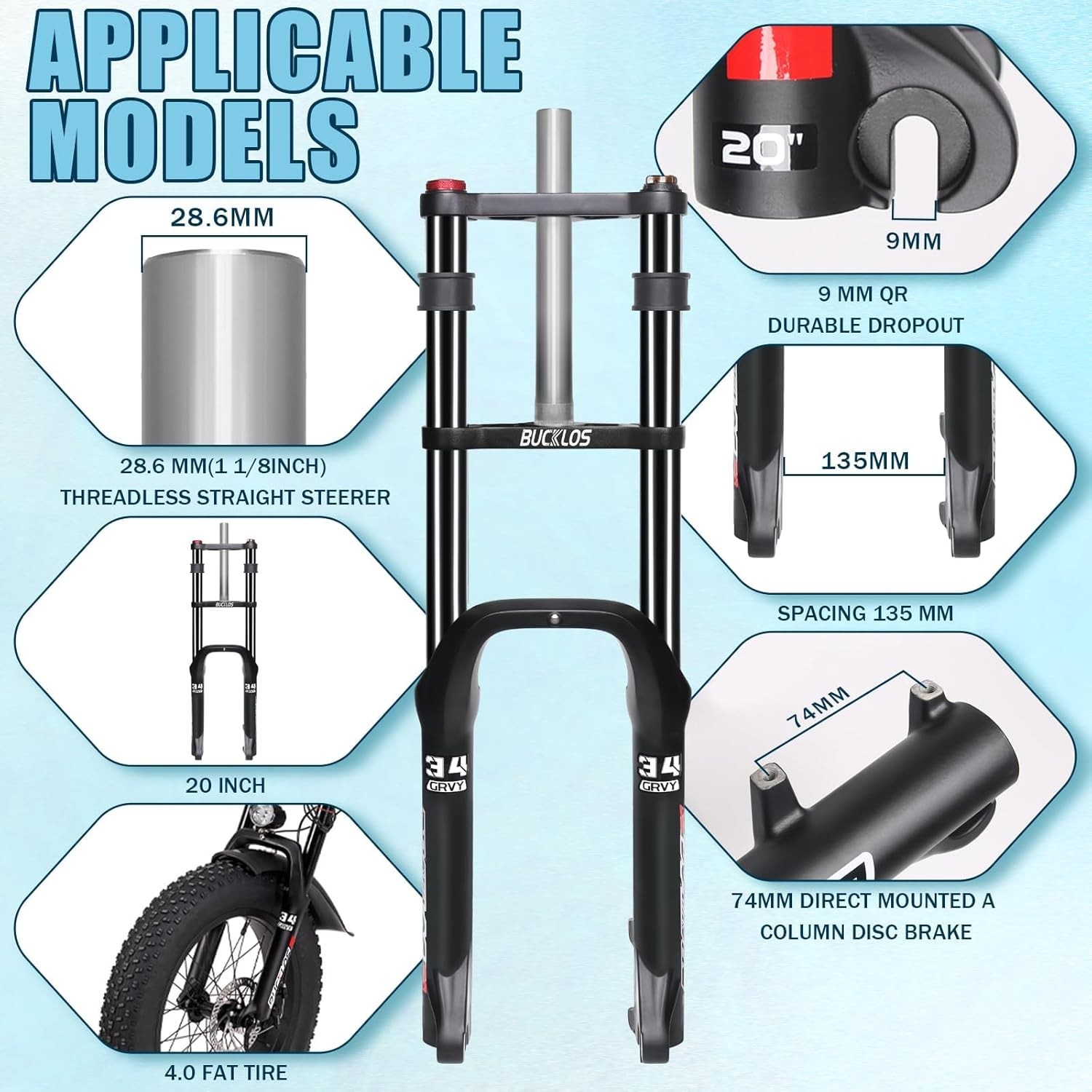 BUCKLOS 20/26″ E-Bike 4.0 Fat Tire Air Suspension Forks 180mm Travel 9x135mm QR