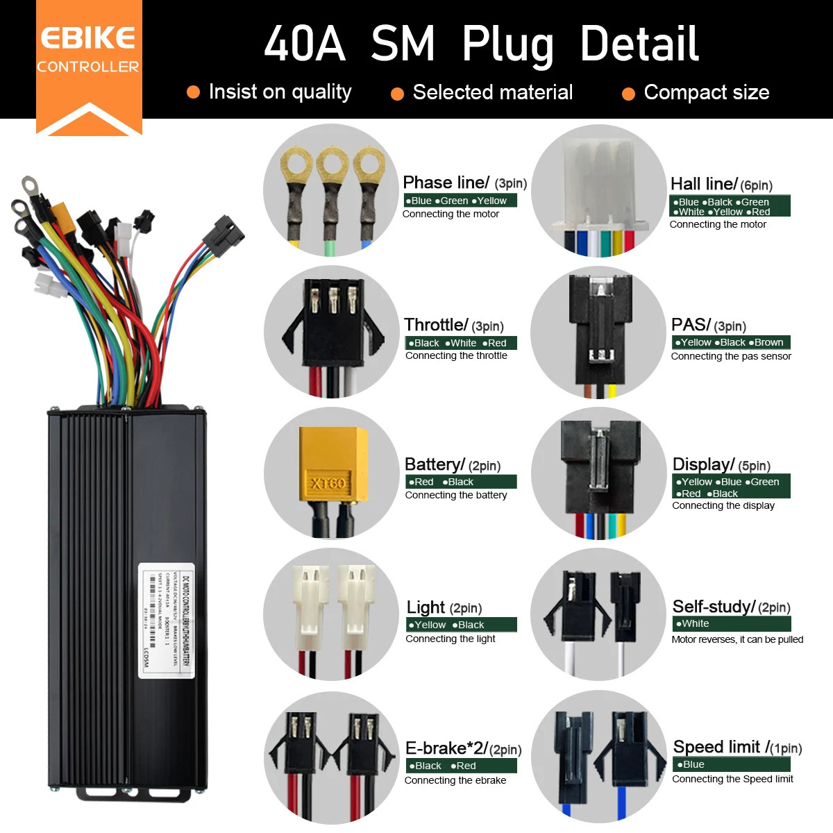 E-bike SineWave Controller 24V/36V/48V52V 17A26A30A40A Three Mode Brushless