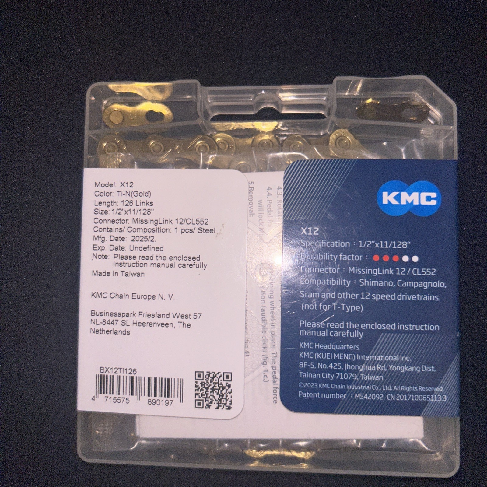 KMC X12 12-Speed Ti-N Gold 126L Chain with Quick-Link