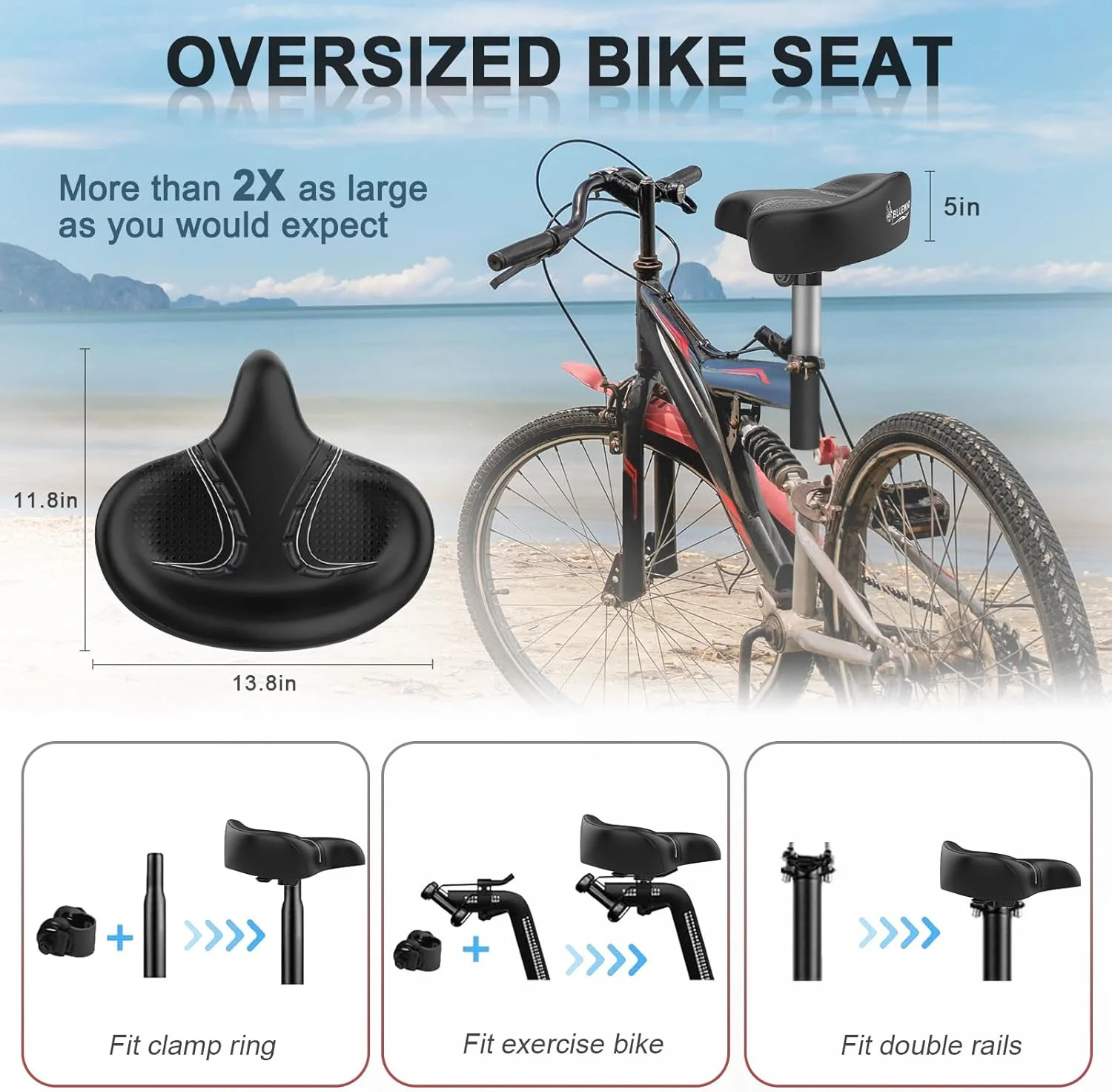 BLUEWIND Oversized Bike Seat, Wide Bicycle Saddle Novel Backrest Design for Elec