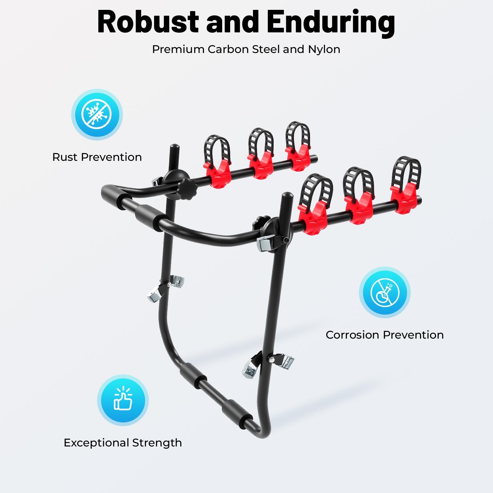 3-Bike Trunk Mount Rack Foldable Carbon Steel 44lb Capacity Anti-Slip SUV Sedan