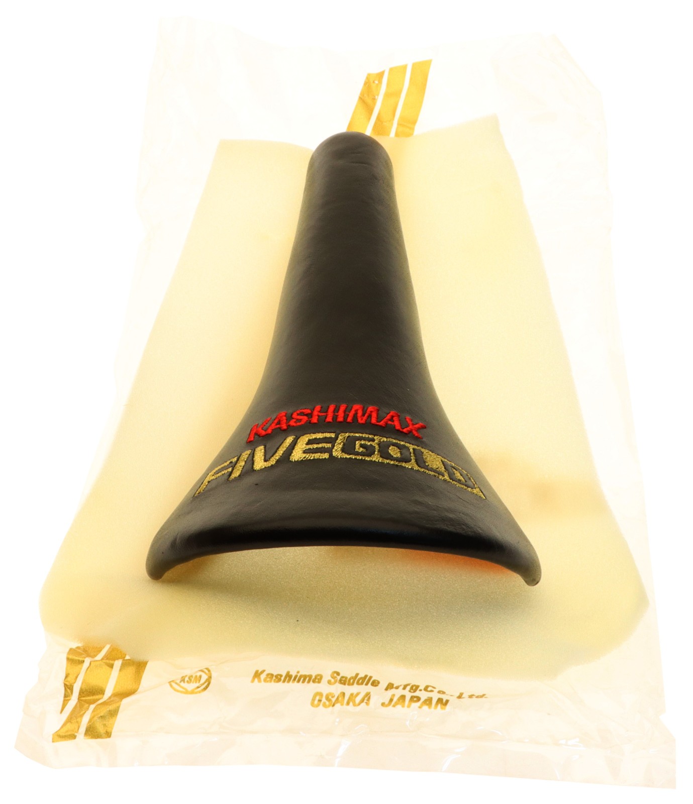 Kashimax Five Gold 8PE Saddle NJS 30mm Rails Black Smooth Leather w Logo NEW NOS