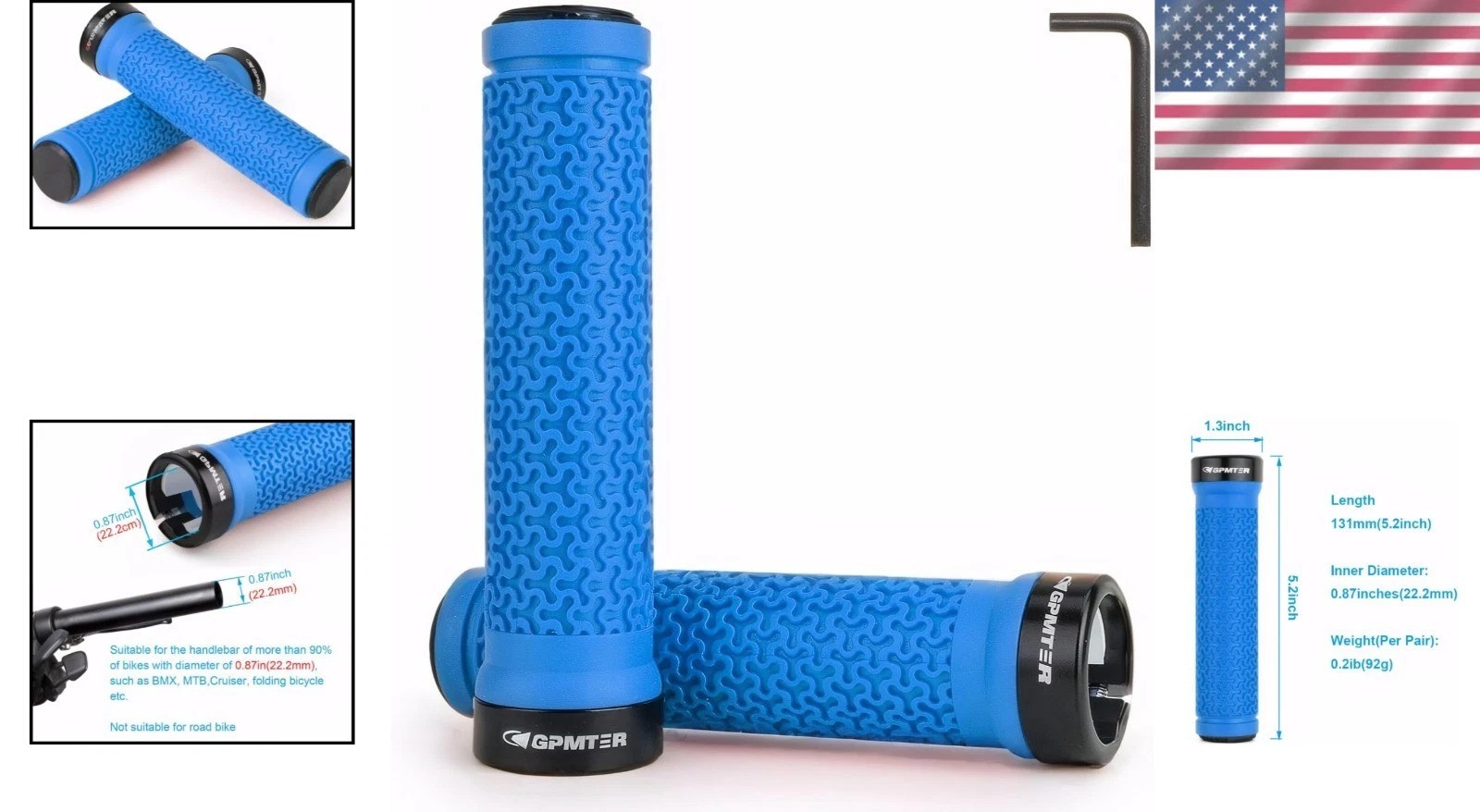 Bike Handlebar Grips 131mm Blue Soft Rubber Non Slip Ergonomic Design
