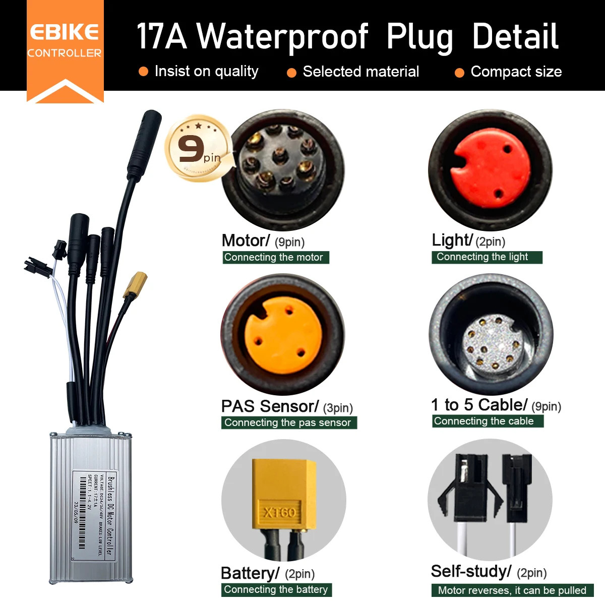 E-bike SineWave 3 Mode Controller 17A26A30A40A with 24V/36V/48V/52V Controller