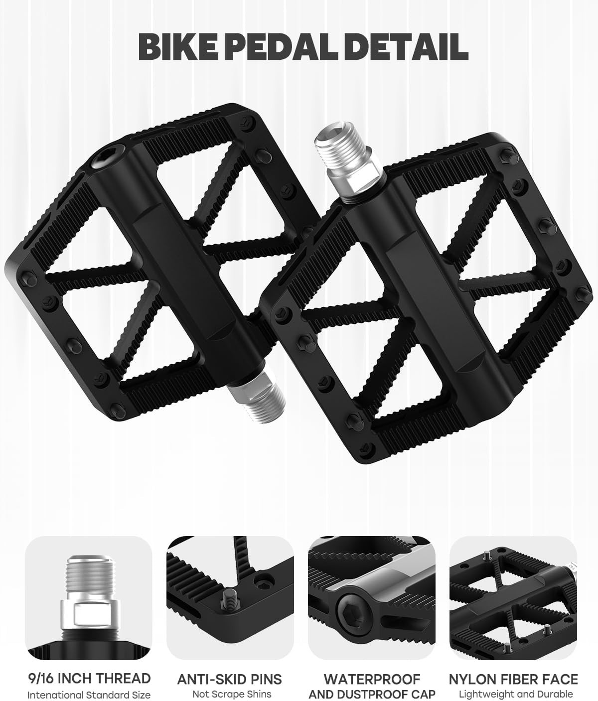 Bike Pedals, Mountain MTB BMX Pedals, 9/16″ Bicycle Pedals, Lightweight Non-Slip