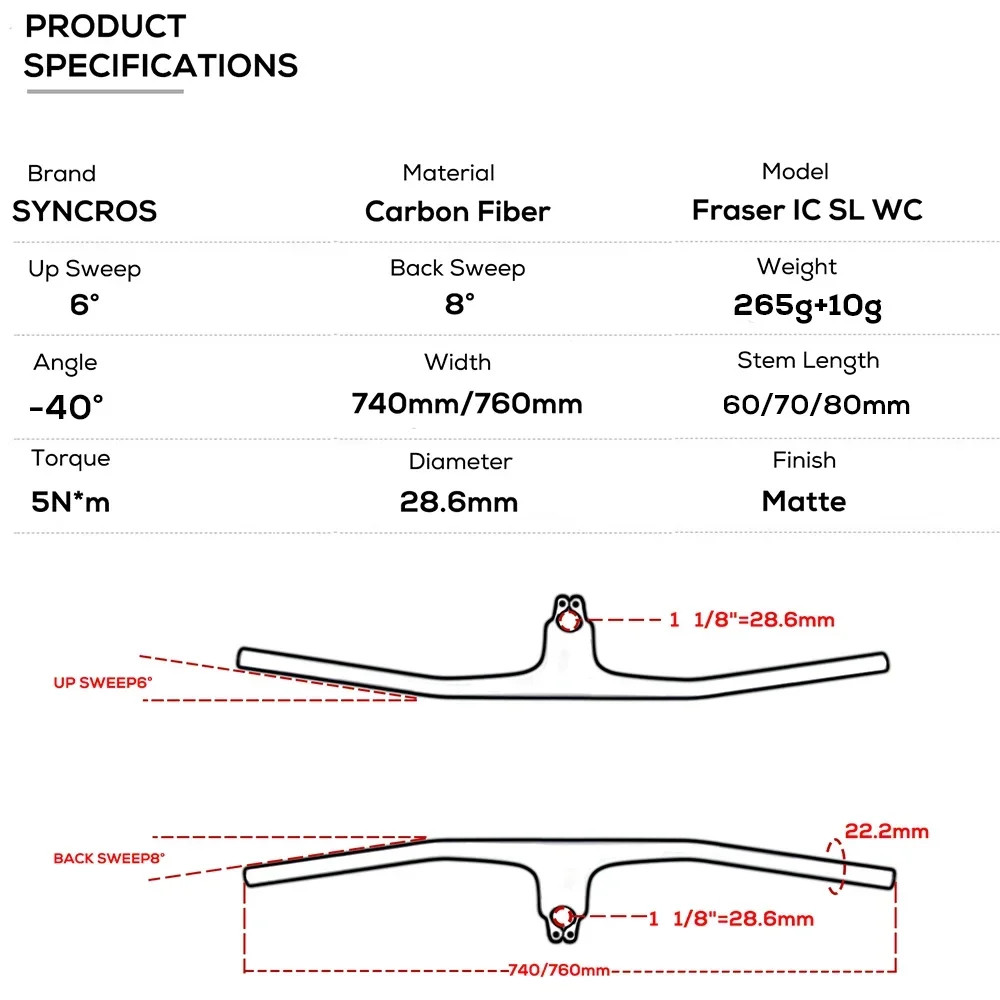 -40 Degree Carbon Fiber MTB Integrated Handlebar 28.6mm Steerer Flat T-Bar