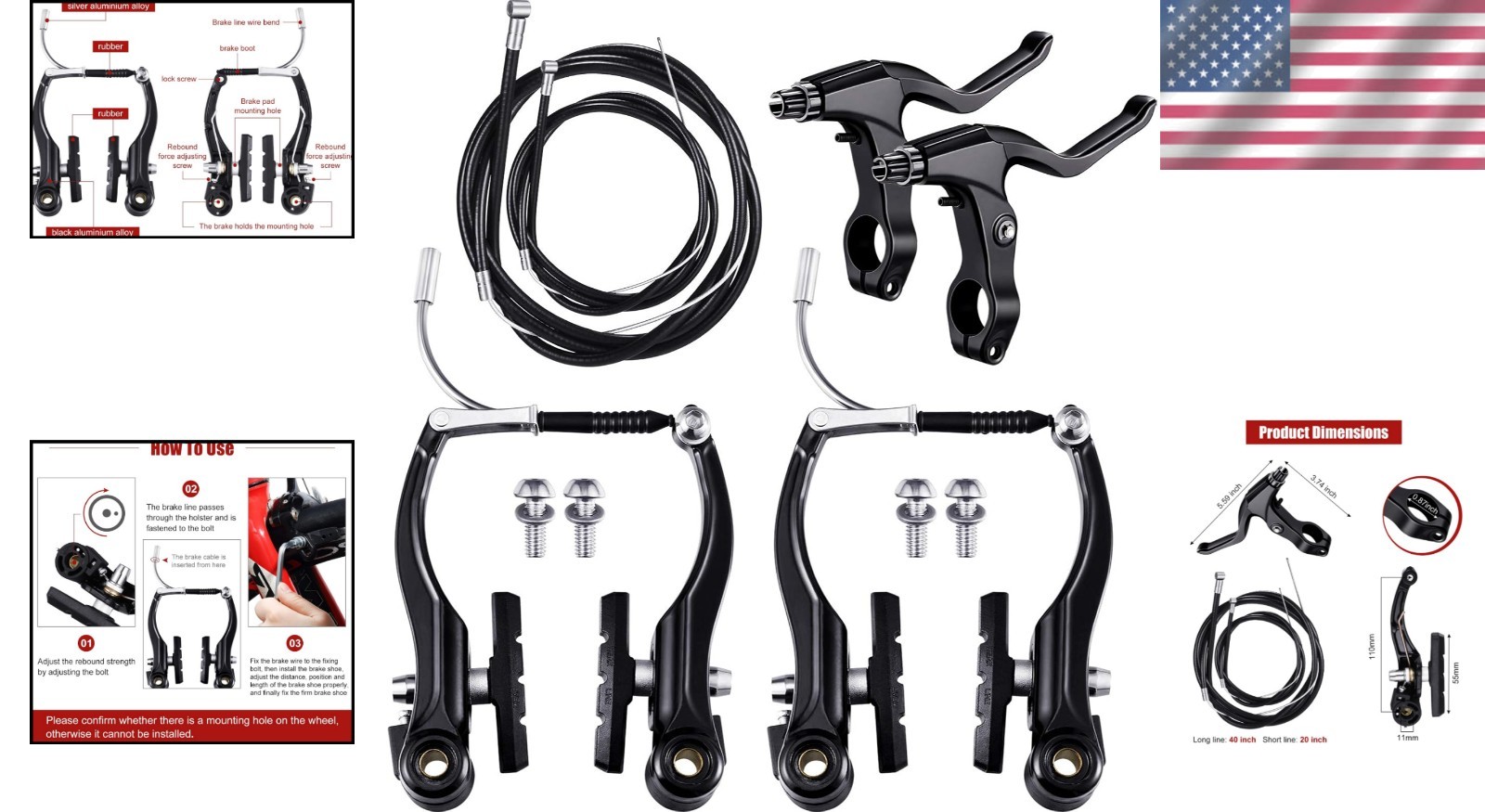 Lightweight Black Brake Set for Bicycles – Includes all Installation Hardware