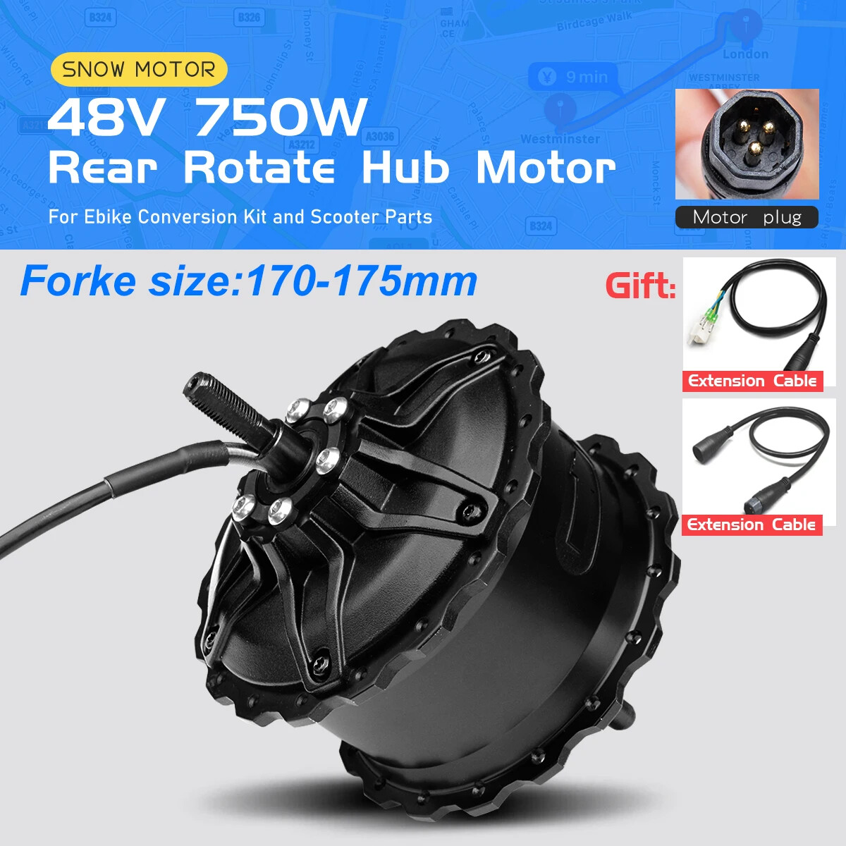48V 750W Snow E-bike Fat Tire Rear Rotate Hub Motor Dropout 170-175mm 20/24/26in