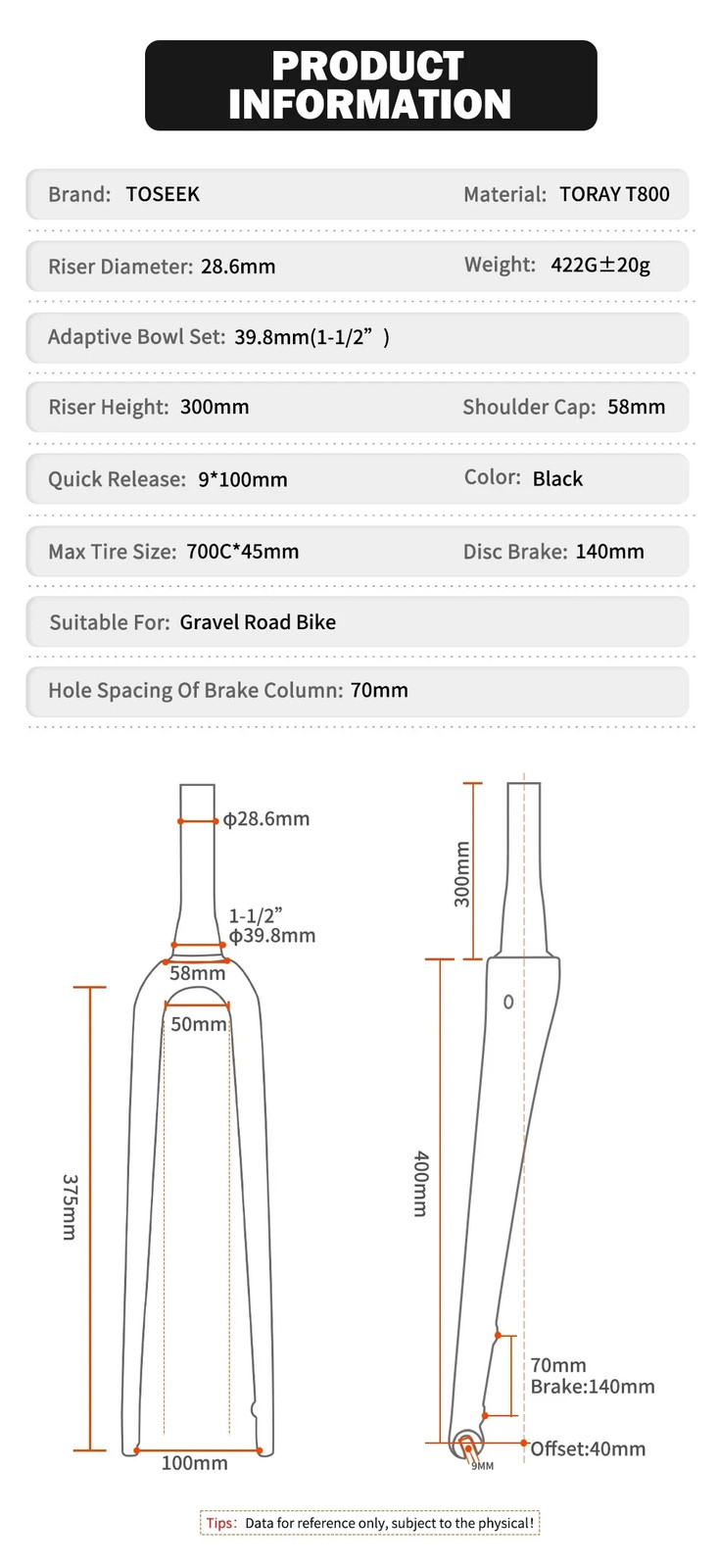 Carbon Gravel / Road Bike Front Fork Internal Cable Routing Thru Axle 12*100mm