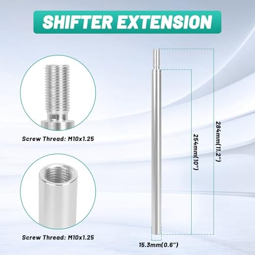 10 Inch Shifter Extension, M10x1.25 Gear Shift Knob Extender 10 Inches Silver
