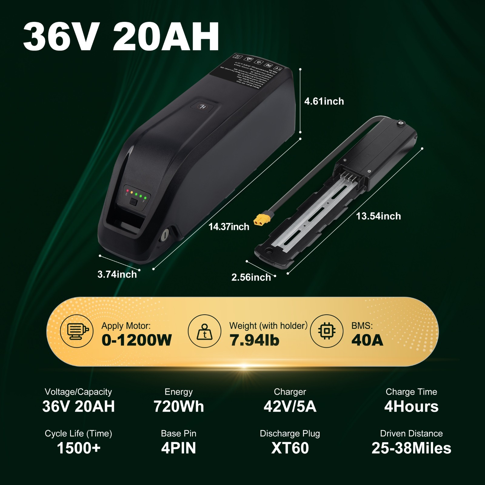36V 20Ah eBike battery lithium w/ USB Port for electric bicycle 1200W Motor 4pin