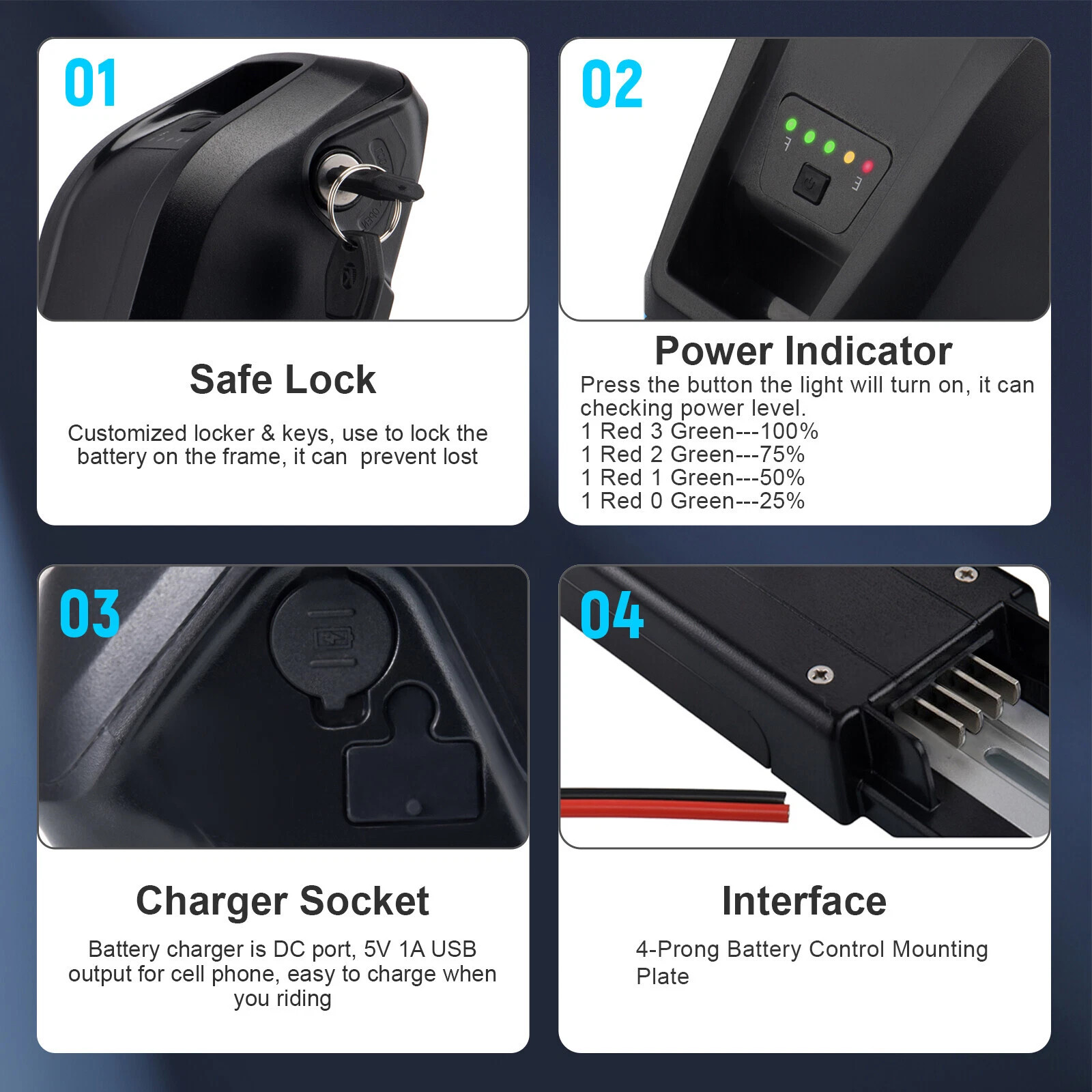 36V 48V 52V Ebike Lithium Battery 20Ah 200W-2000W Electric Bike Key Lockable