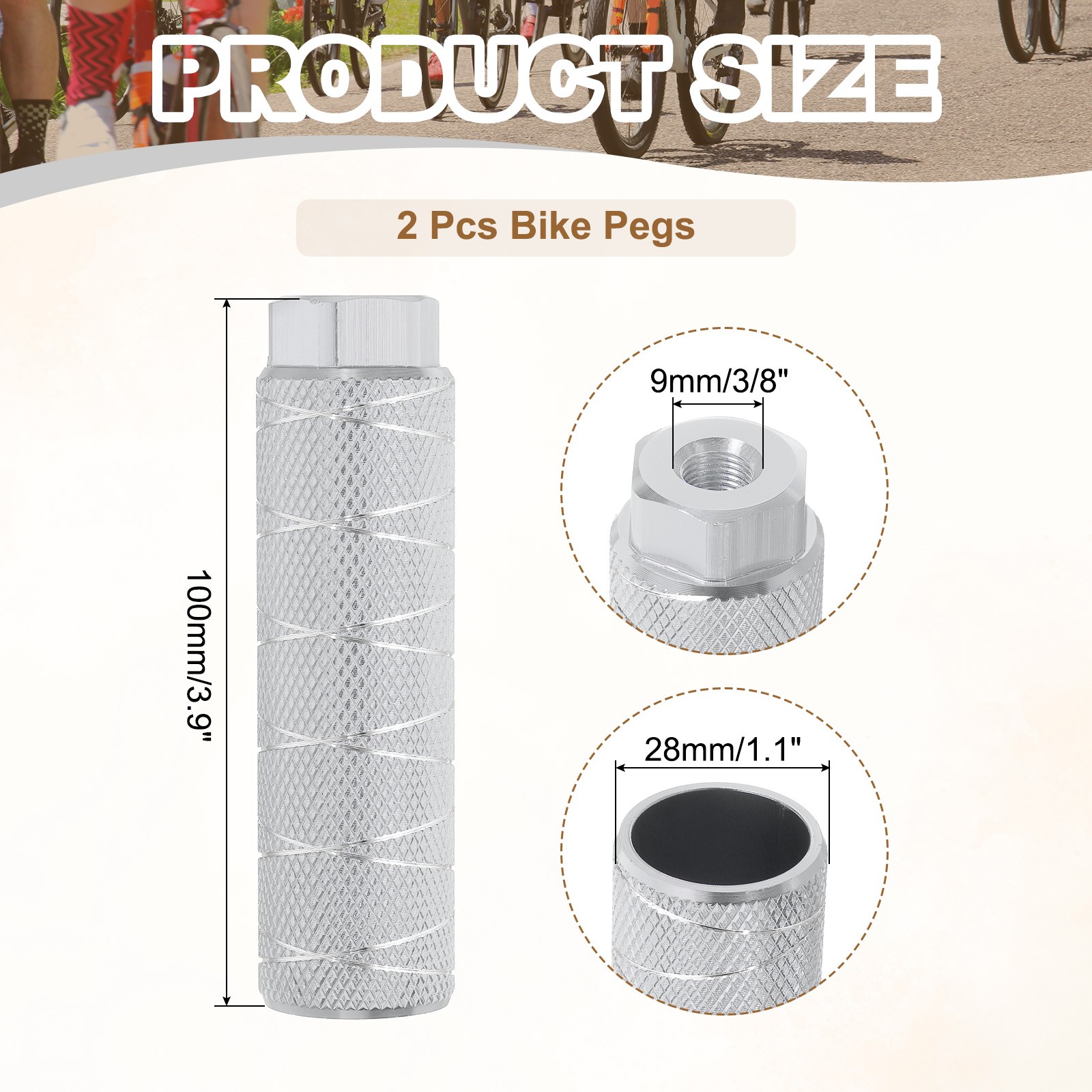 2 Pack Aluminum Alloy Bike Pegs Anti-Skid Fit 3/8 Inch with Thin Line Silver