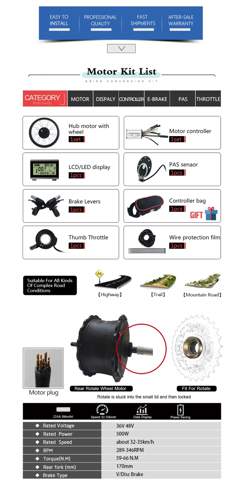 36V 48V 500W Rear Rotate Hub Motor Wheel 20/26 in For Snow E-bike Conversion Kit