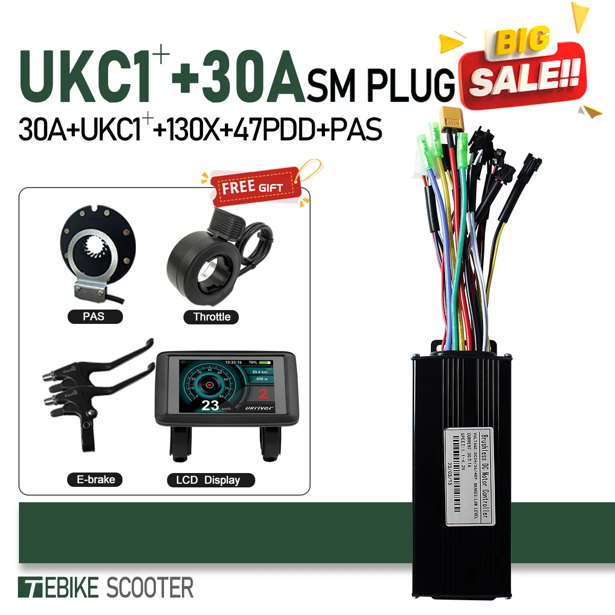 Ebike 3-Mode SineWave Controller 17A 26A 30A 40A with LCD UKC1 Display 1T5 Cable