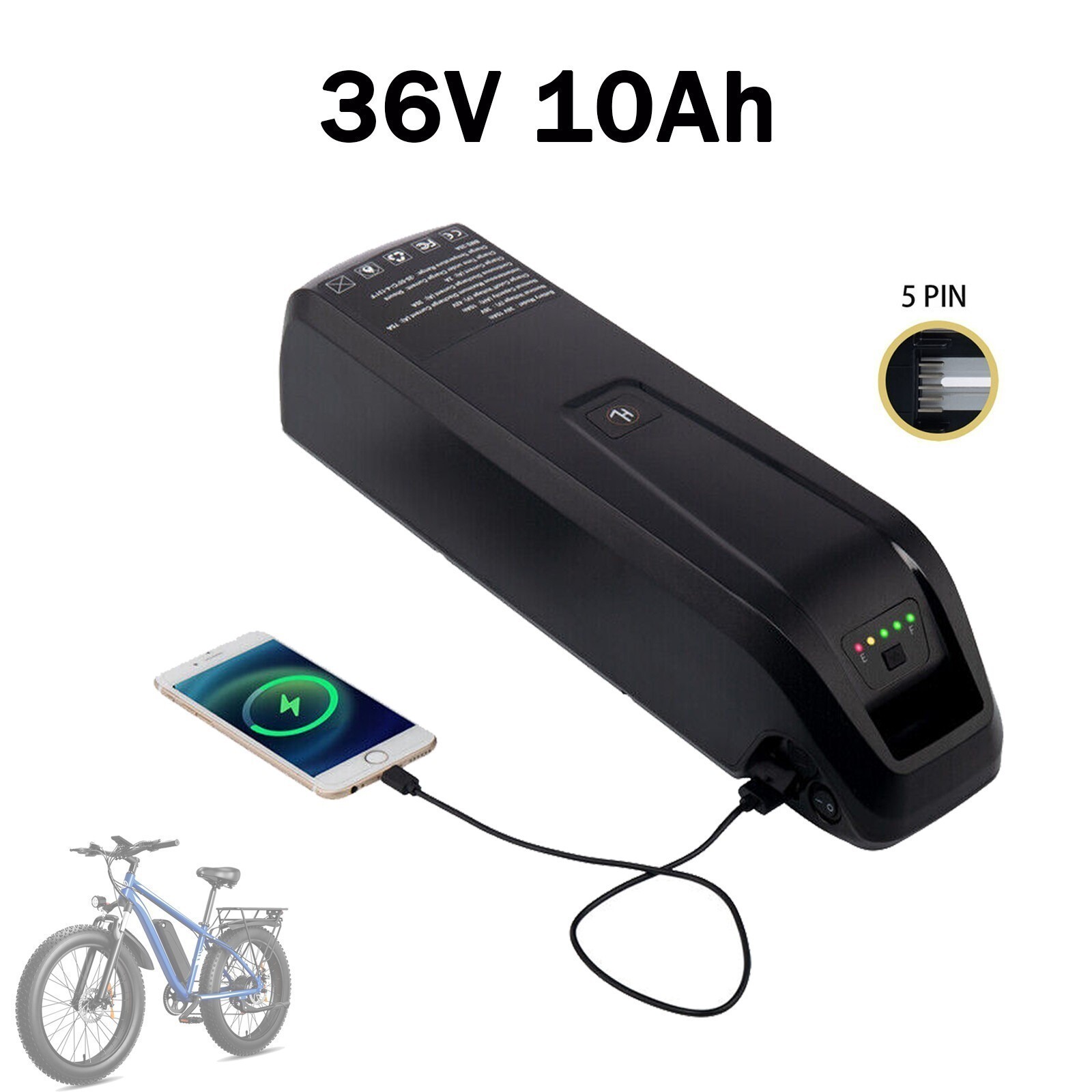 Ebike Lithium Battery 36V 5-Pin Electric Bike Battery for 80-1000W Bicycle Motor