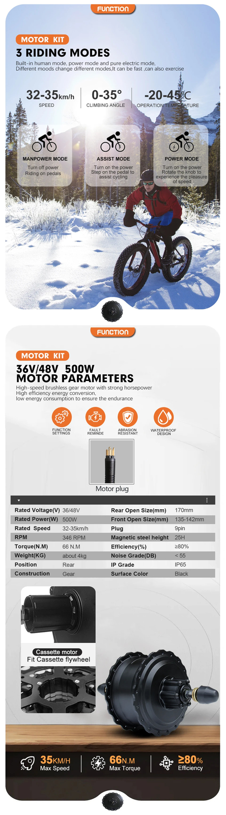 36V 48V 500W 20/24/26in Snow E-bike Fat Tire Brushless Rear Cassette Hub Motor