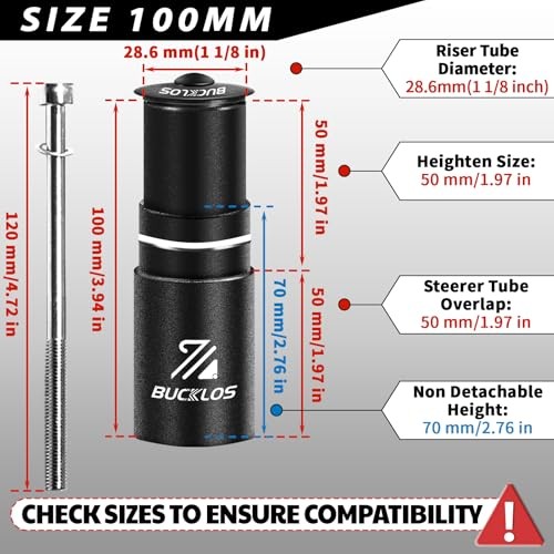Bike Stem Riser Extender MTB, 1-1/8″ 28.6mm Bike Fork Stem, Handlebar 100mm