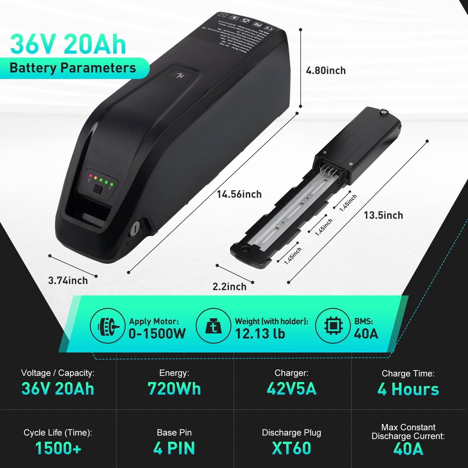 36V 20Ah Ebike Battery Hailong Lithium 500W 750W 1000W 1500W Motor BAFANG 4Pin