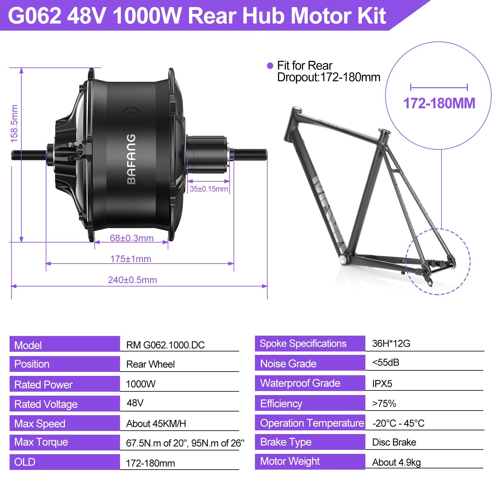BAFANG 48V1000W Rear Wheel Hub Motor 20″ 26″ EBike Conversion Kits for Fat Tire