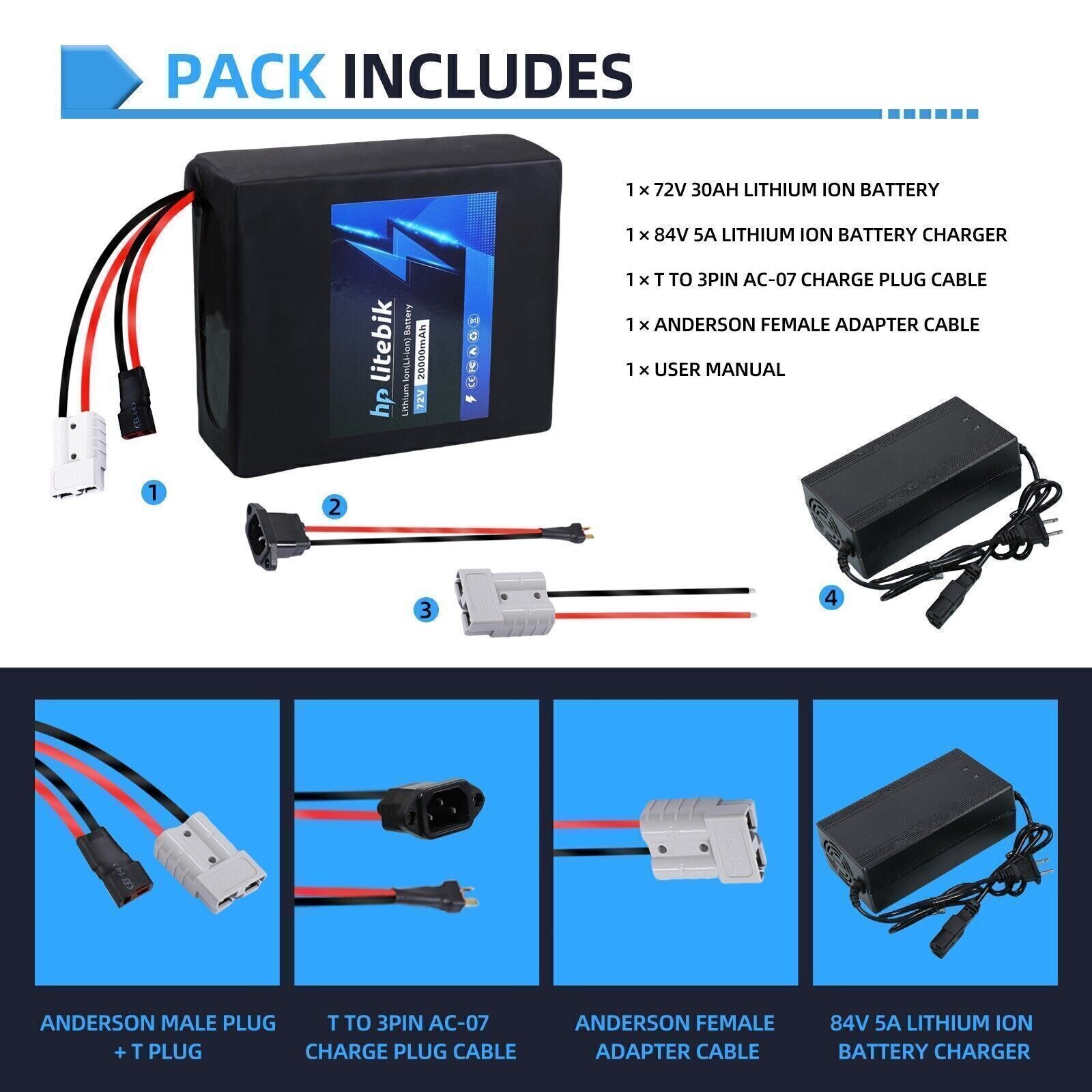 48V 52V 60V 72V 30Ah 20Ah Ebike Battery for Electric Bike Bicycle w/ BMS Li-ion