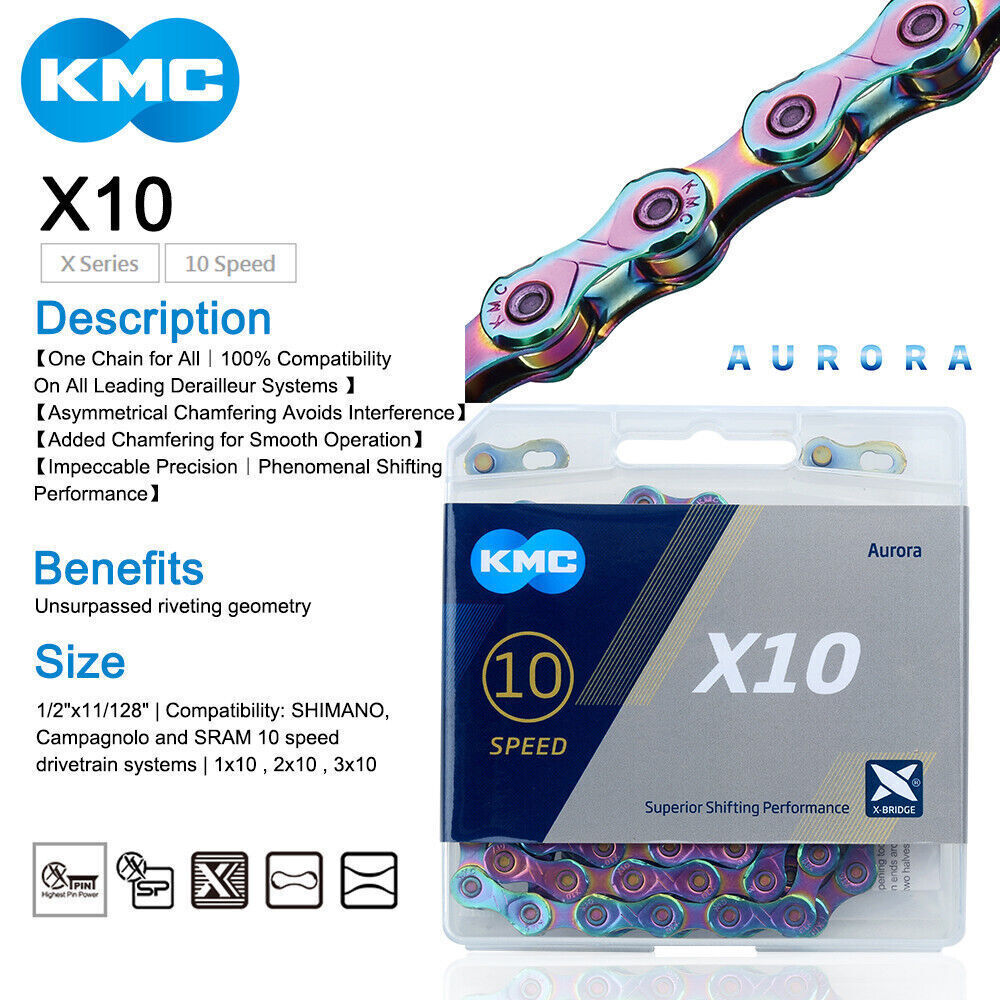 KMC Aurora X10 X11 X12 Chain 10/11/12 Speed MTB Road Bike Rainbow Magic Link