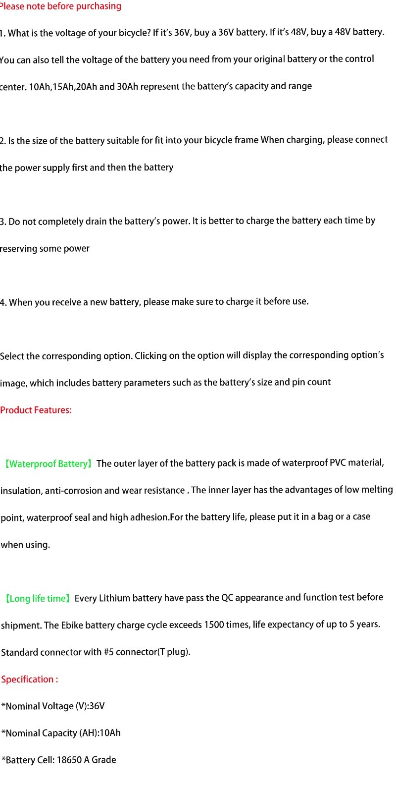 36V Electric Bicycle Bike Scooter Battery 0-1000W Ebike Lithium Battery Pack 30A