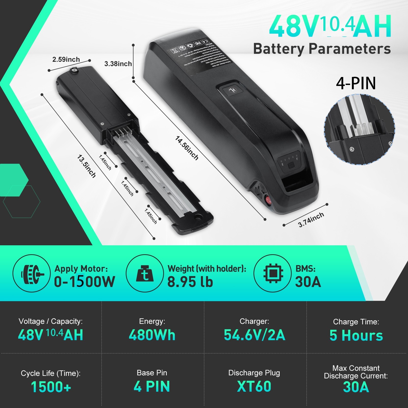 36V 48V 10AH Li-ion eBike Battery 30A BMS 4Pin for ≤1500W Electric Bike Bicycle