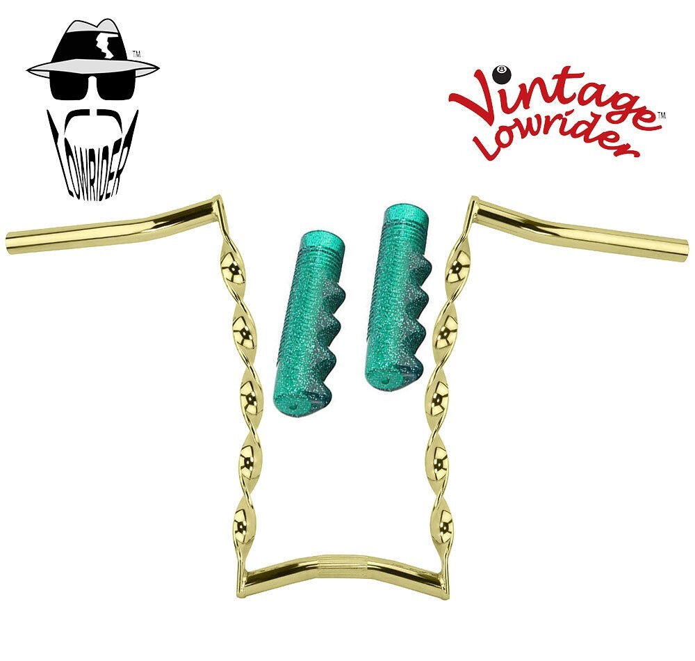 Vtg Lowrider 15″ Handlebar CURVED Twisted 25.4mm Gold & Grips Sparkle Green.