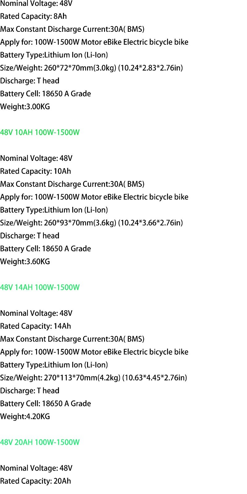 Ebike Battery 72V 60V 52V 48V 36V 8Ah 10Ah 14Ah 20Ah 30A 50W-3600W Electric Bike