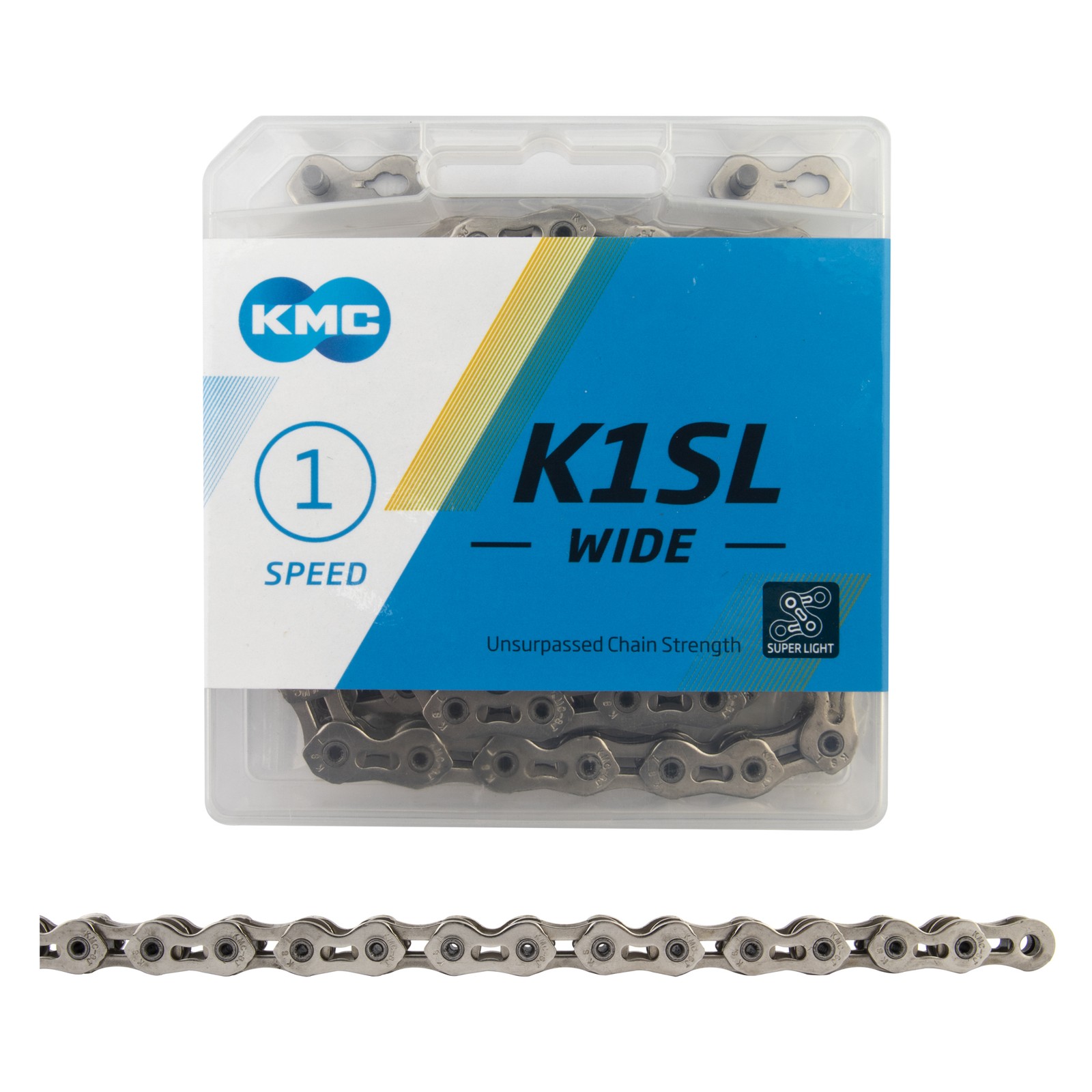 KMC K1SL SuperLite Kool Wide Chain – Single Speed 1/2″ x 1/8″, 100 Links, Silver