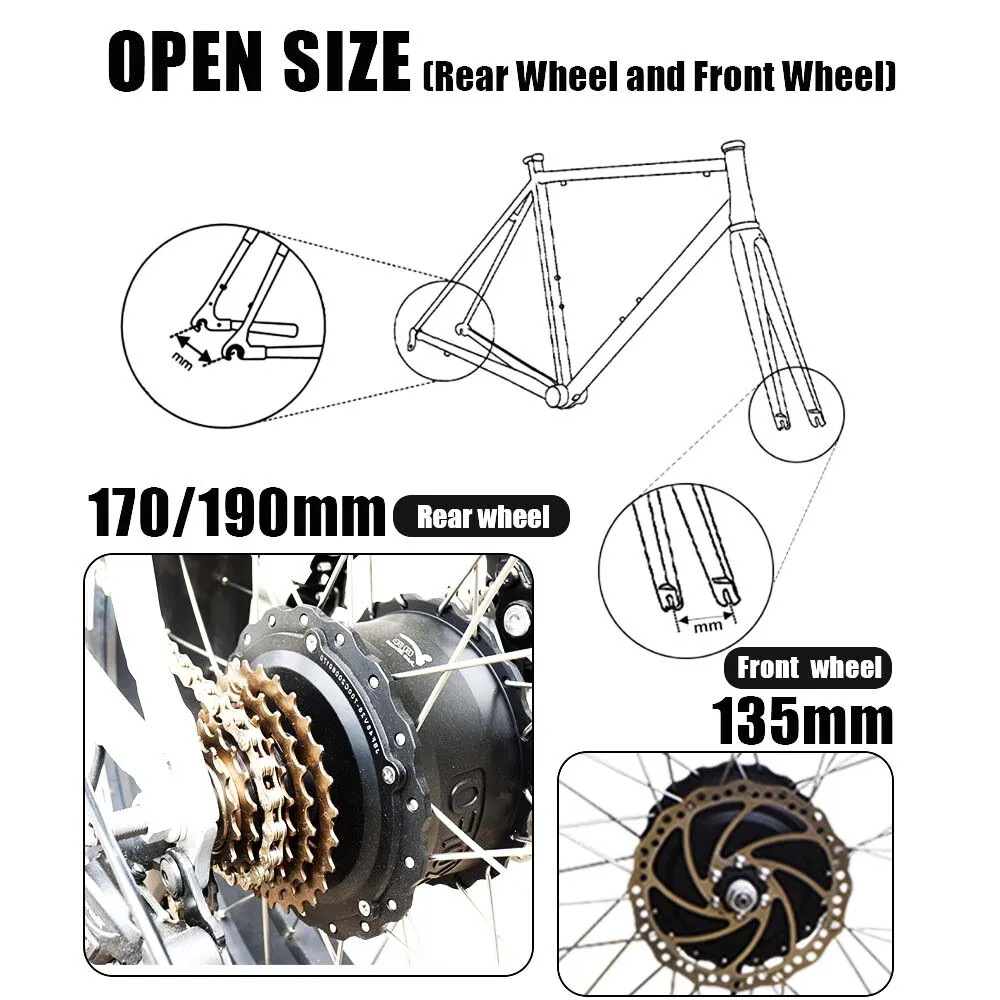 48V 1000W 20/24/26” Snow Fat Electric Bicycle Rear Hub Motor Droupout 170/190mm