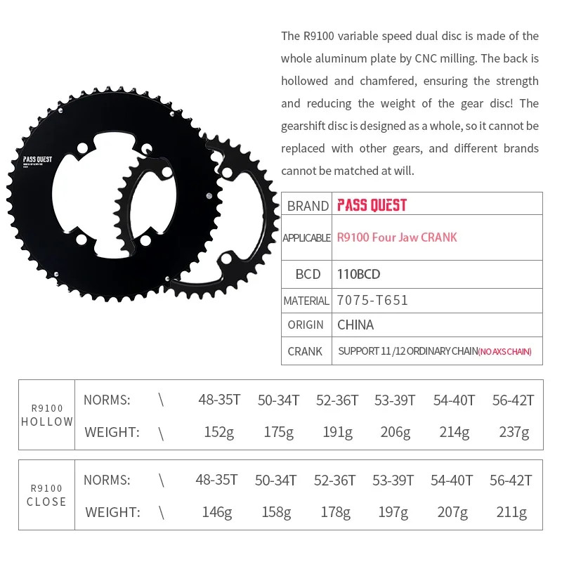 Road Bike 110BCD D 4 Bolts Round 2x Double Chainring 56-42T for DURA-ACE R9100