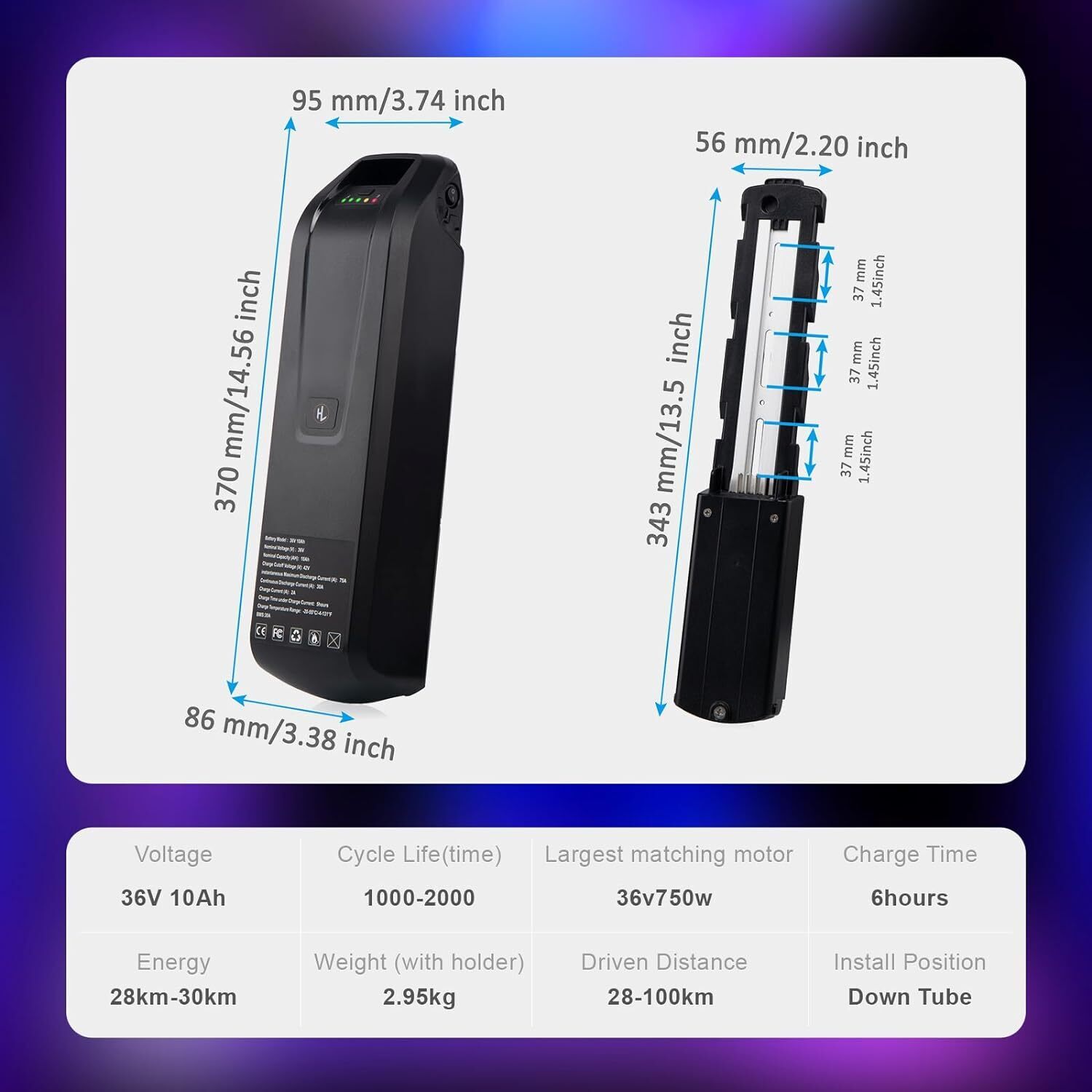 Ebike Battery 52V 48V 36V 10Ah 15Ah 20Ah Electric BiKE Scooter Battery Black