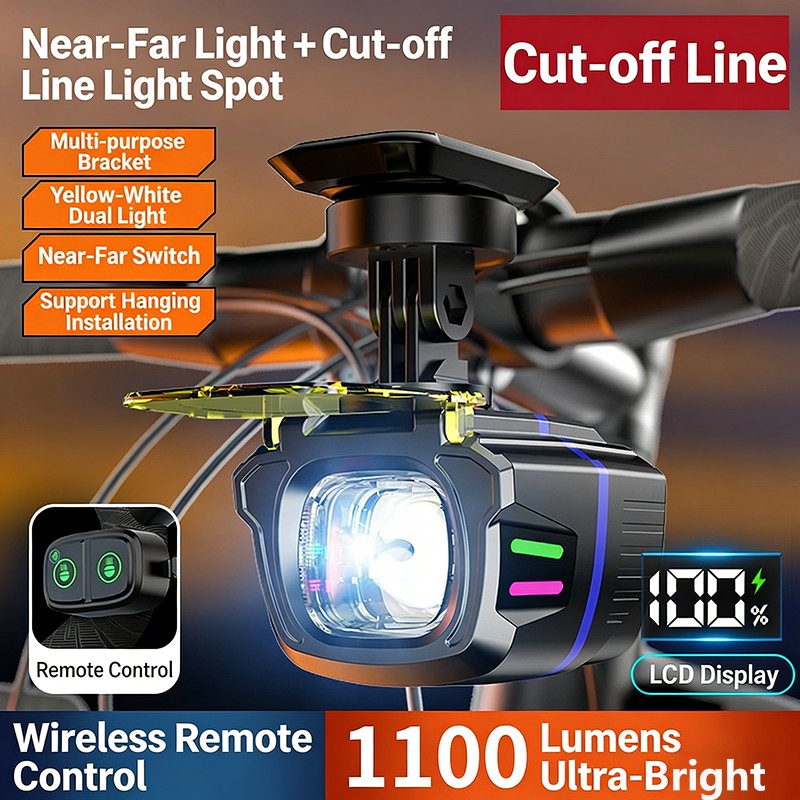Rechargeable Powerful 1100LM Hanging Bike Light Remote Control Front Headlight