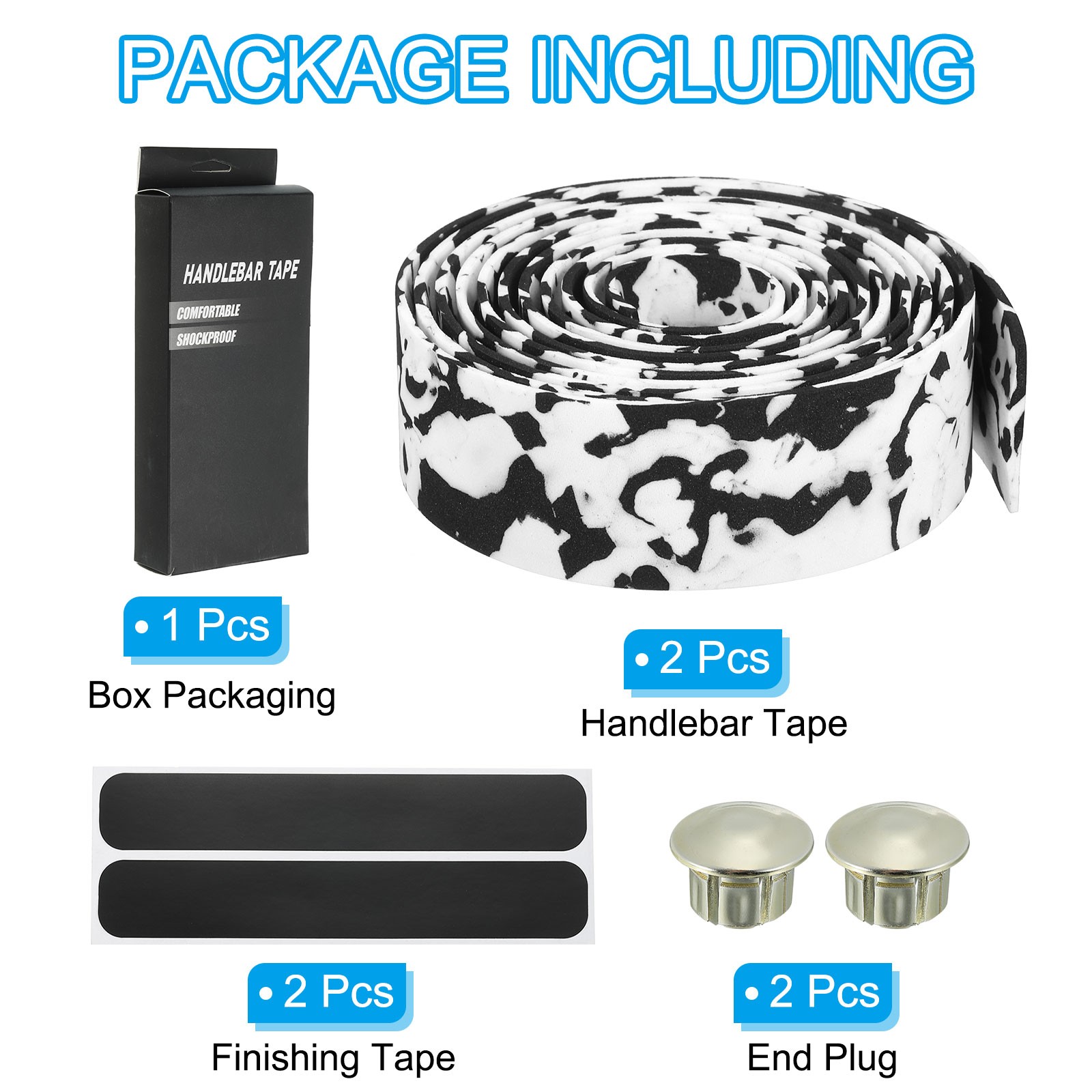 2 Pcs Bike Handlebar Tape EVA Camouflage Handle Wraps Black Plugs Black White