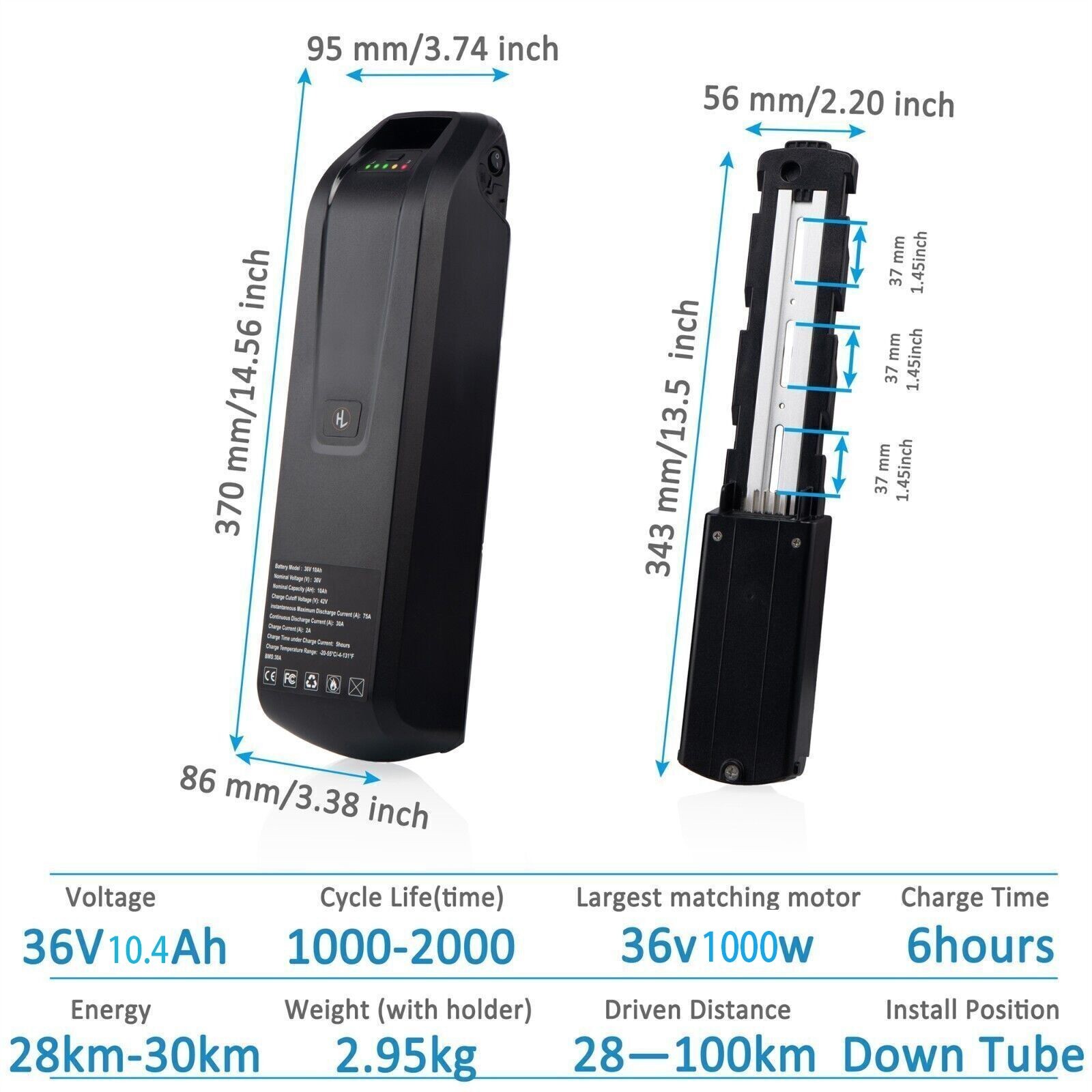 Lithium Ebike Battery 48V 36V 10.4Ah 200W-1500W Electric Bike Bicycle 30A BMS US