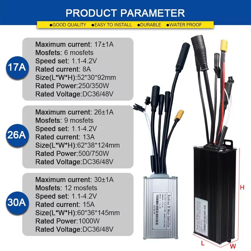 Ebike Controller Sine Wave 350W-1000W Motor Controller 24V/36V/48V 17A 26A 30A