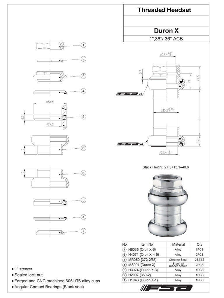 FSA Duron X 1″ Inch Threaded Headset 22.4/26.4mm Sealed Bearings w/FSA Logo