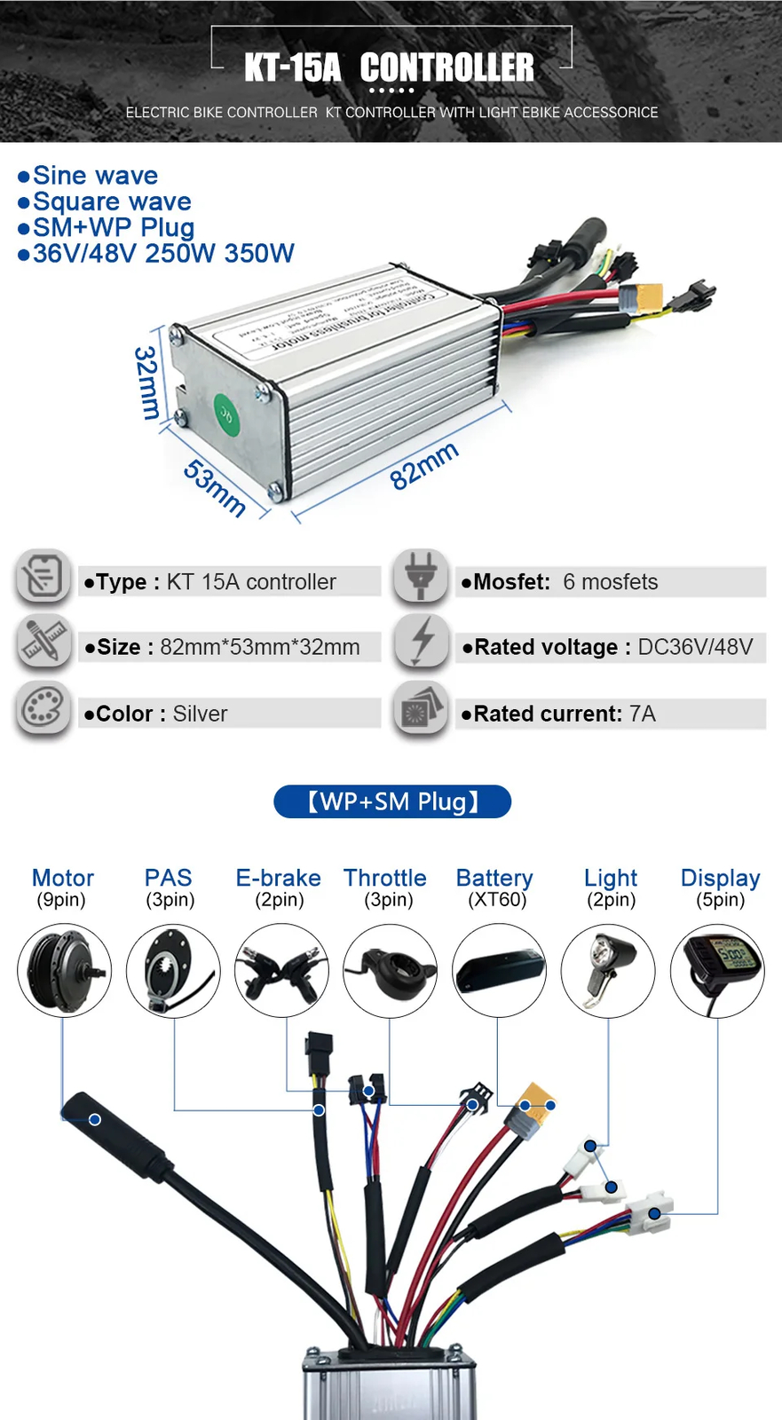 KT Ebike Controller 36V 48V 15A/17A/22A/25A Square/Sine Wave Controller 250-750W