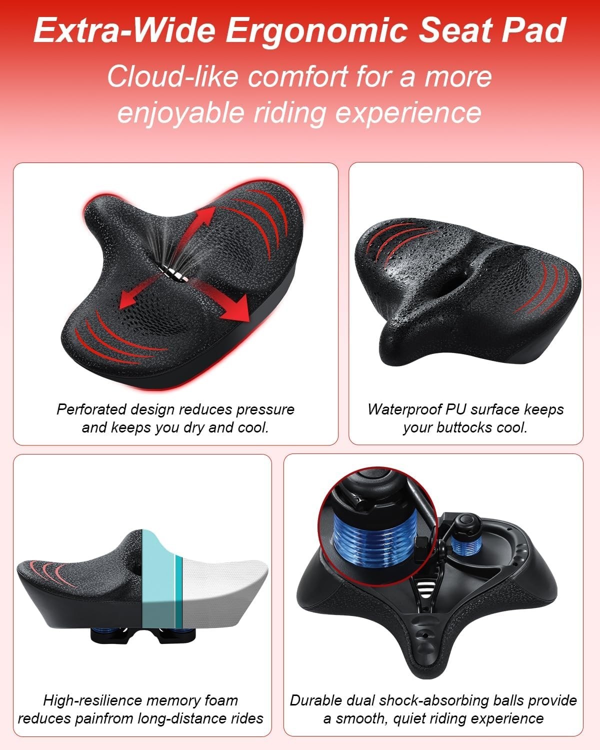 2026 NEW Oversized Bike Seat for Men and Women, Extra Wide Bicycle Seat Cushion,