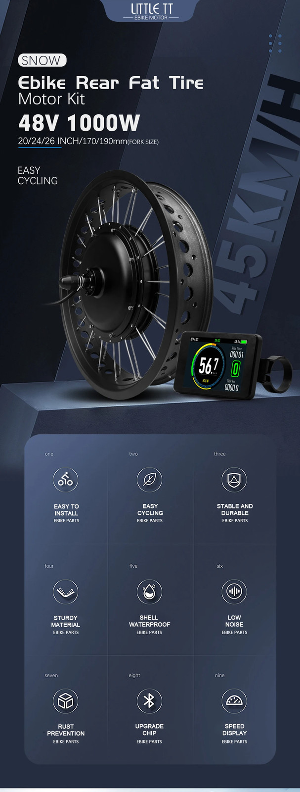Snow E-bike Fat Tire 48V 1000W 20/24/26in Brushless Rear Rotate Hub Motor Wheel
