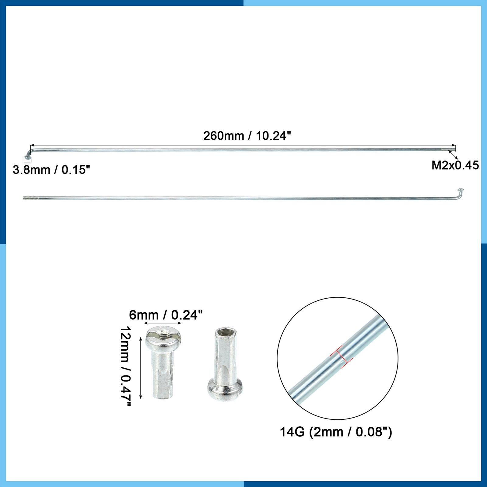 36 Pcs 14G J Bend 260mm x 2mm Bike Bicycle Spokes with Nipples Steel Silver Tone