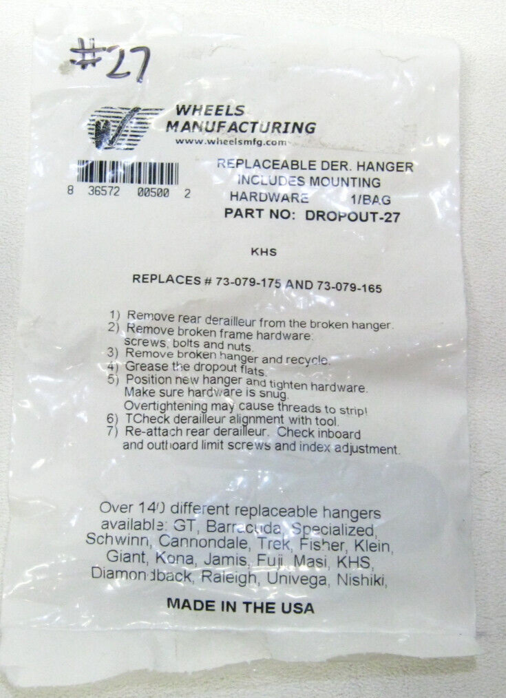 Wheels Mfg. USA No. 27 QBP# FS2427 Right Hanger for See Description – New –